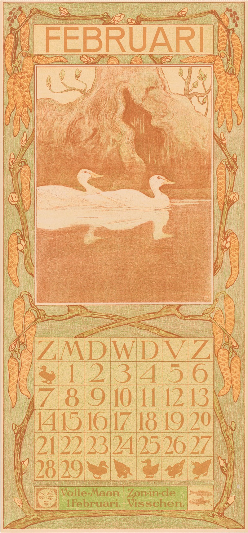 Kalenderblad februari met eenden by Тео ван Хойтема, 1903 — digital art print download