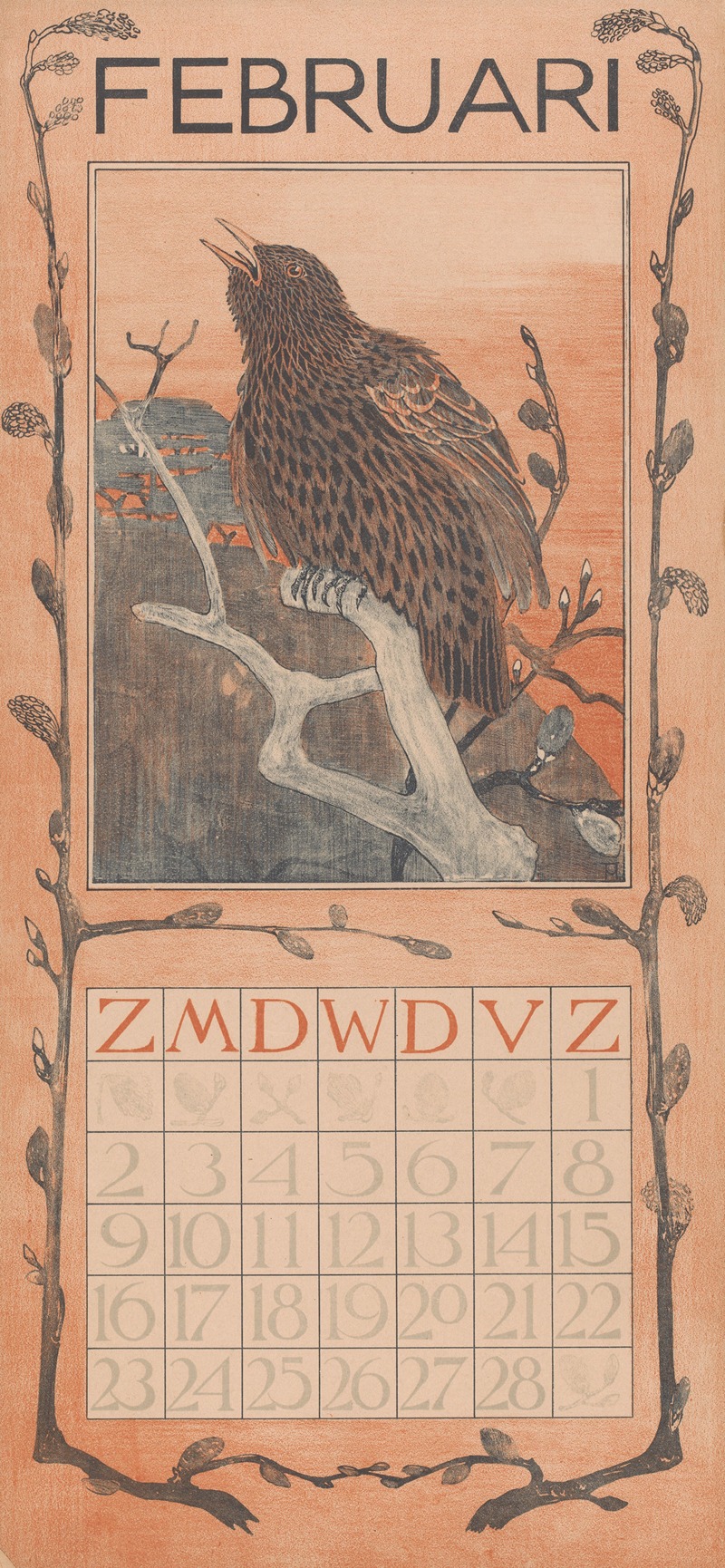 Kalenderblad februari met spreeuw — Theo van Hoytema