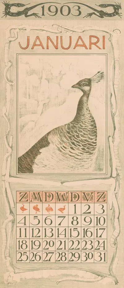 Kalenderblad januari met pauw by Тео ван Хойтема, 1902 — digital art print download