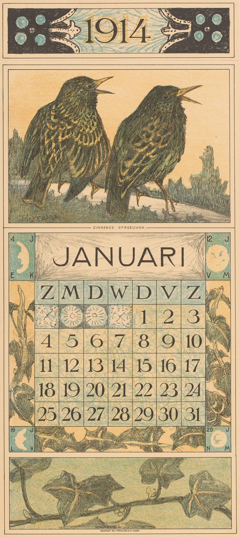 Kalenderblad januari met spreeuwen — Theo van Hoytema