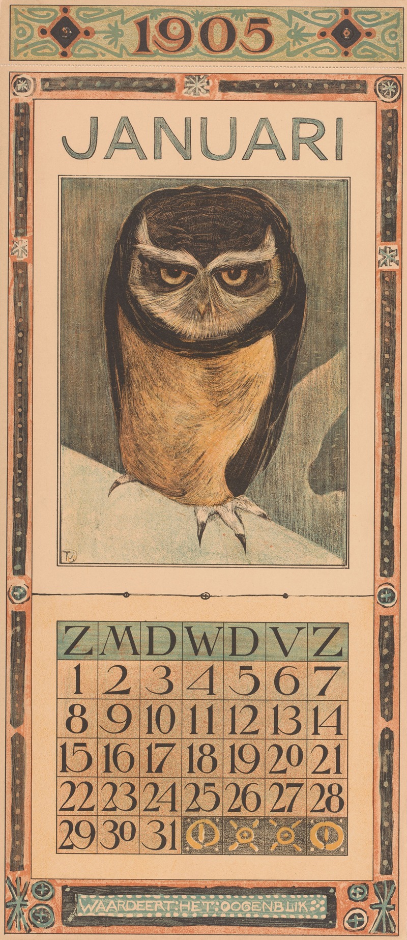 Kalenderblad januari met uil by Тео ван Хойтема, 1904 — digital art print download