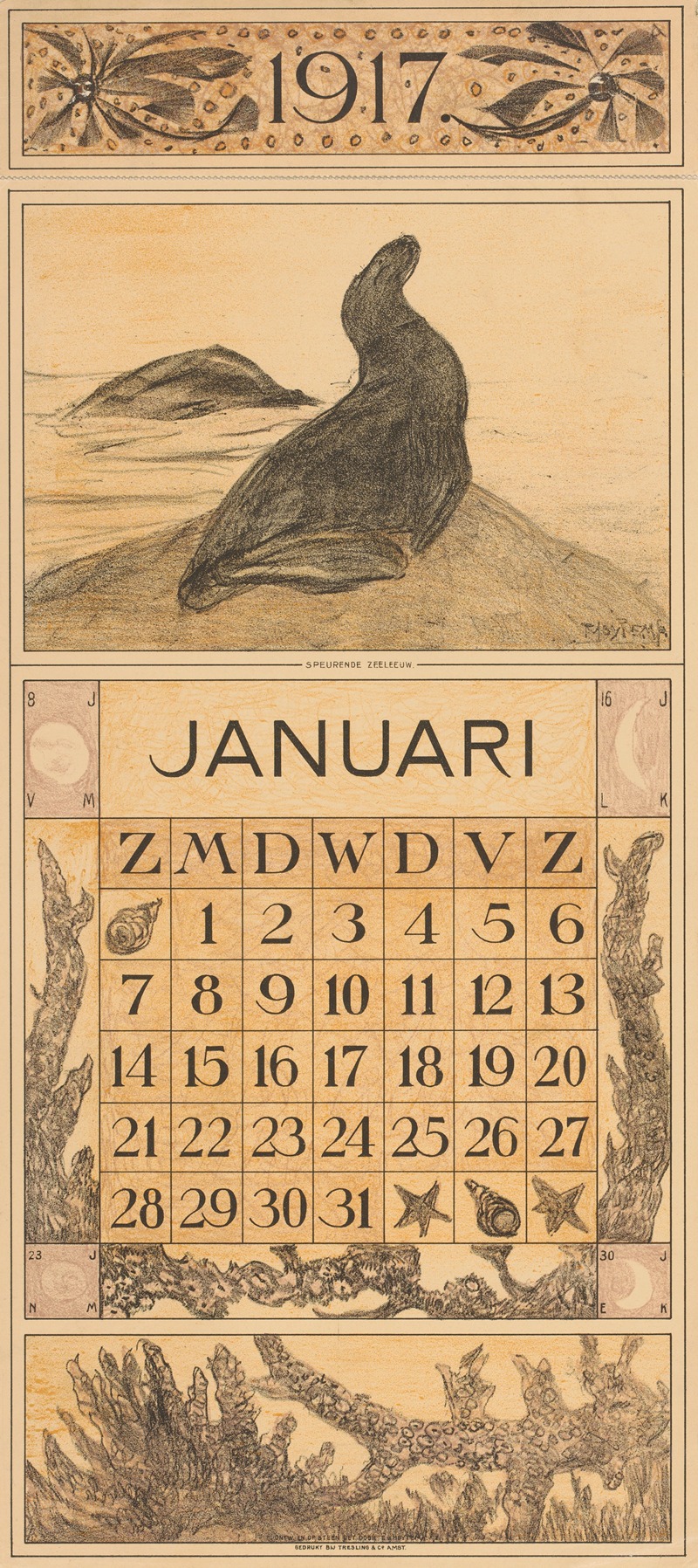 Kalenderblad januari met zeeleeuw — Theo van Hoytema