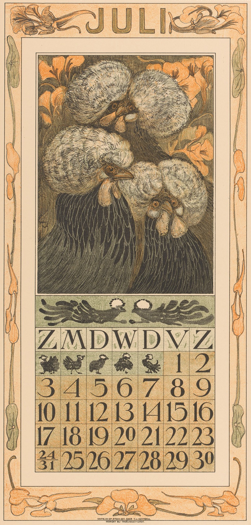 Kalenderblad juli met drie kuifkippen by Тео ван Хойтема, 1909 — digital art print download