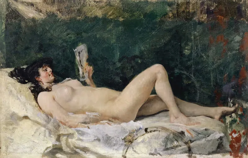 Young Woman Lying on a Bed and Reading — Frank Buchser
