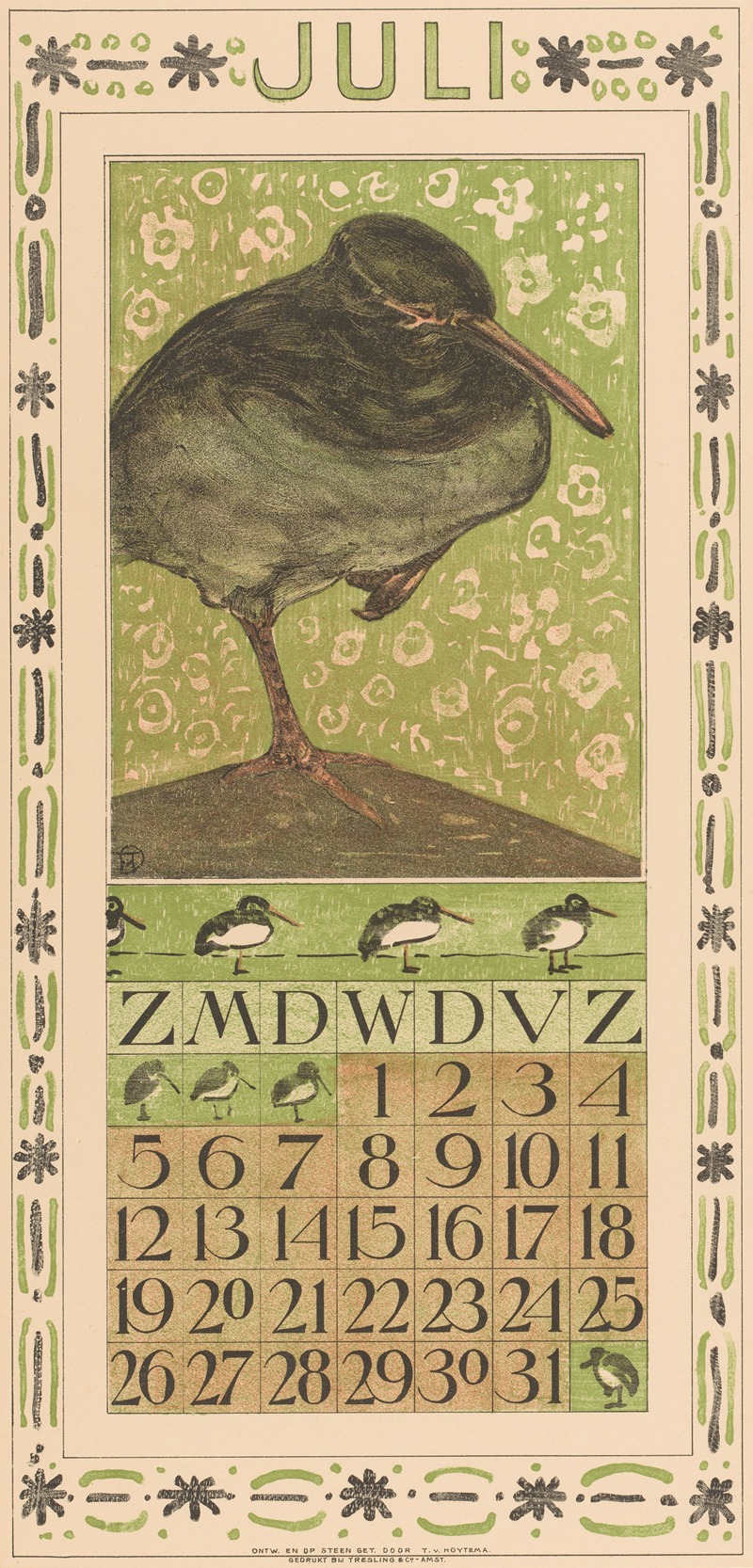 Kalenderblad juli met scholekster by Тео ван Хойтема, 1907 — digital art print download