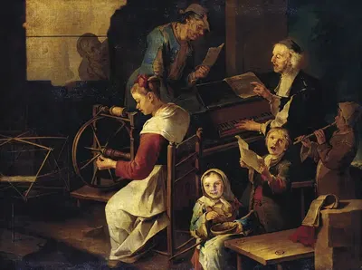 Домашняя сцена с музыкантами и женщиной, прядущей by Джакомо Франческо Чиппер — digital art print download