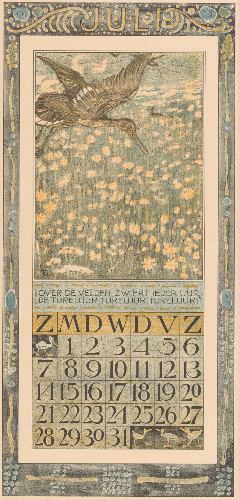 Kalenderblad juli met tureluur by Тео ван Хойтема, 1906 — digital art print download