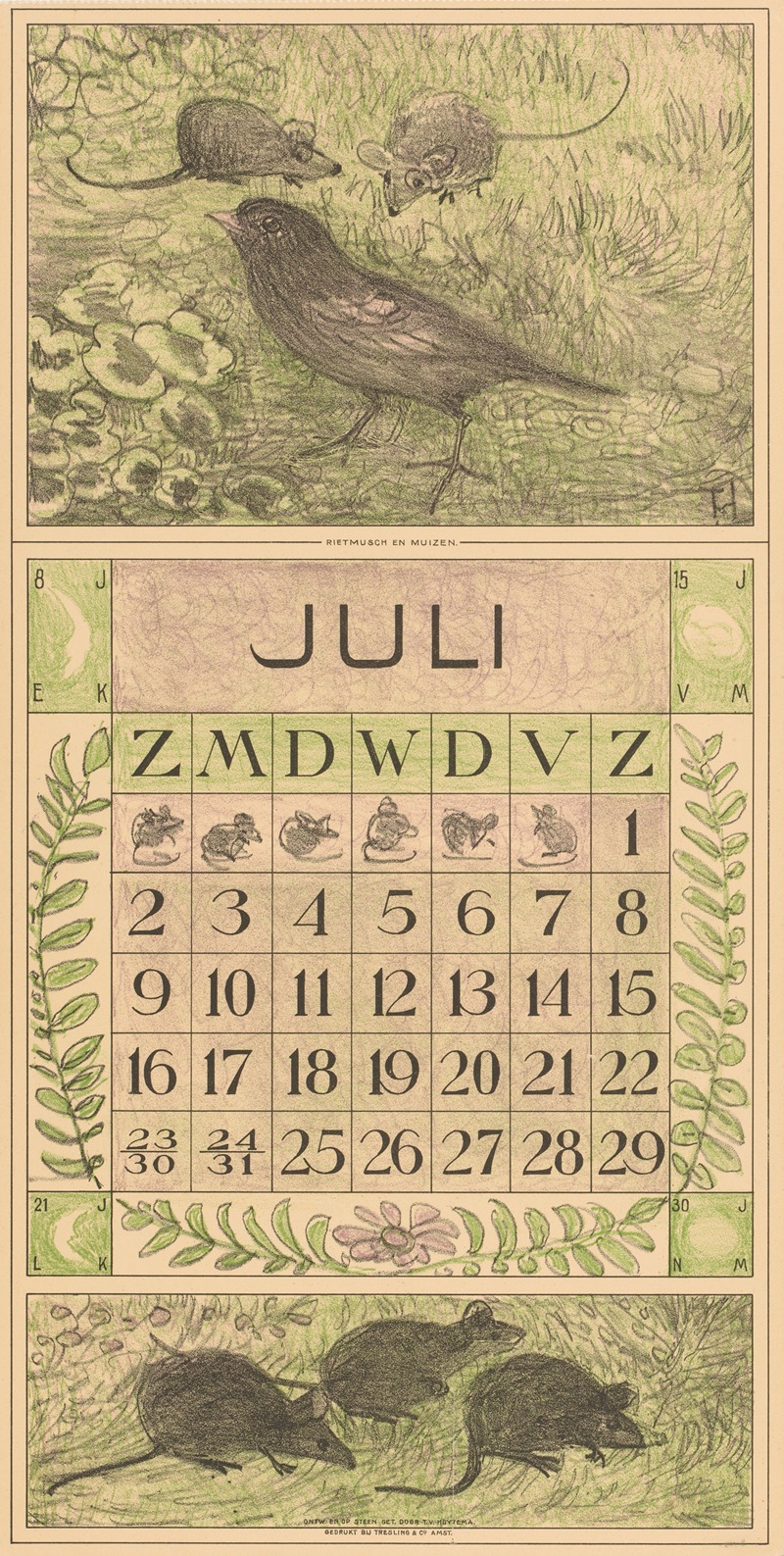Kalenderblad juli met vogel en muizen — Theo van Hoytema
