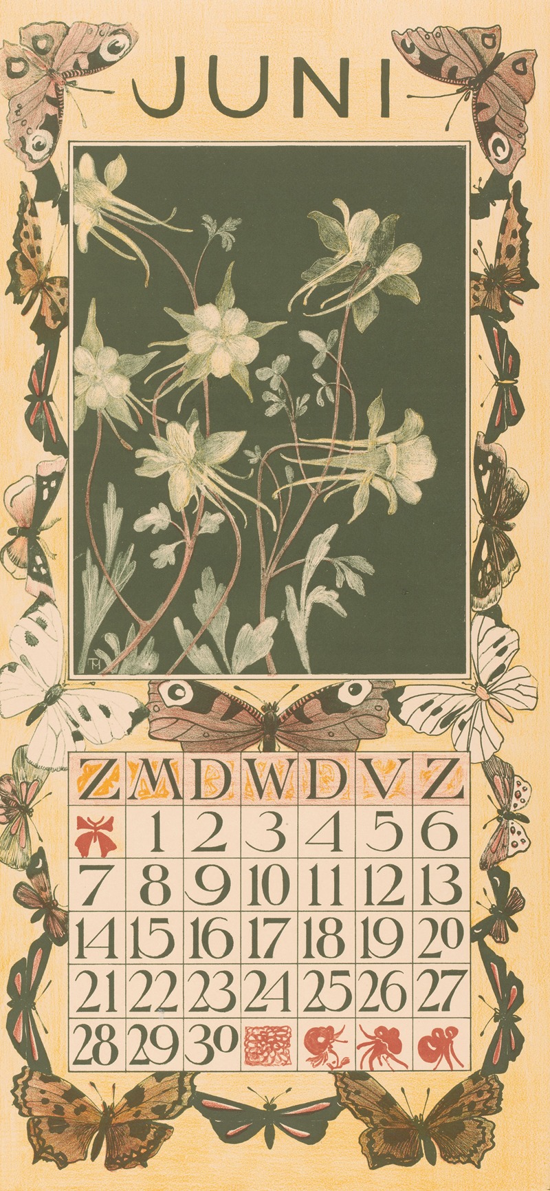 Kalenderblad juni met akeleien en vlinders — Theo van Hoytema