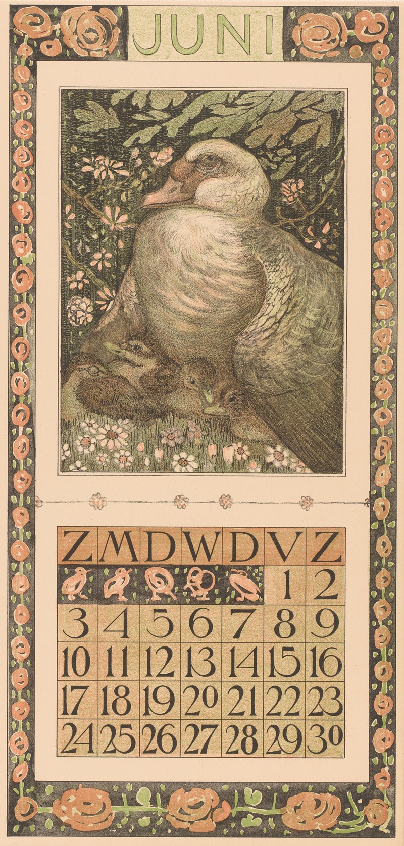 Kalenderblad juni met eend met jongen by Theo van Hoytema, 1905 — digital art print download