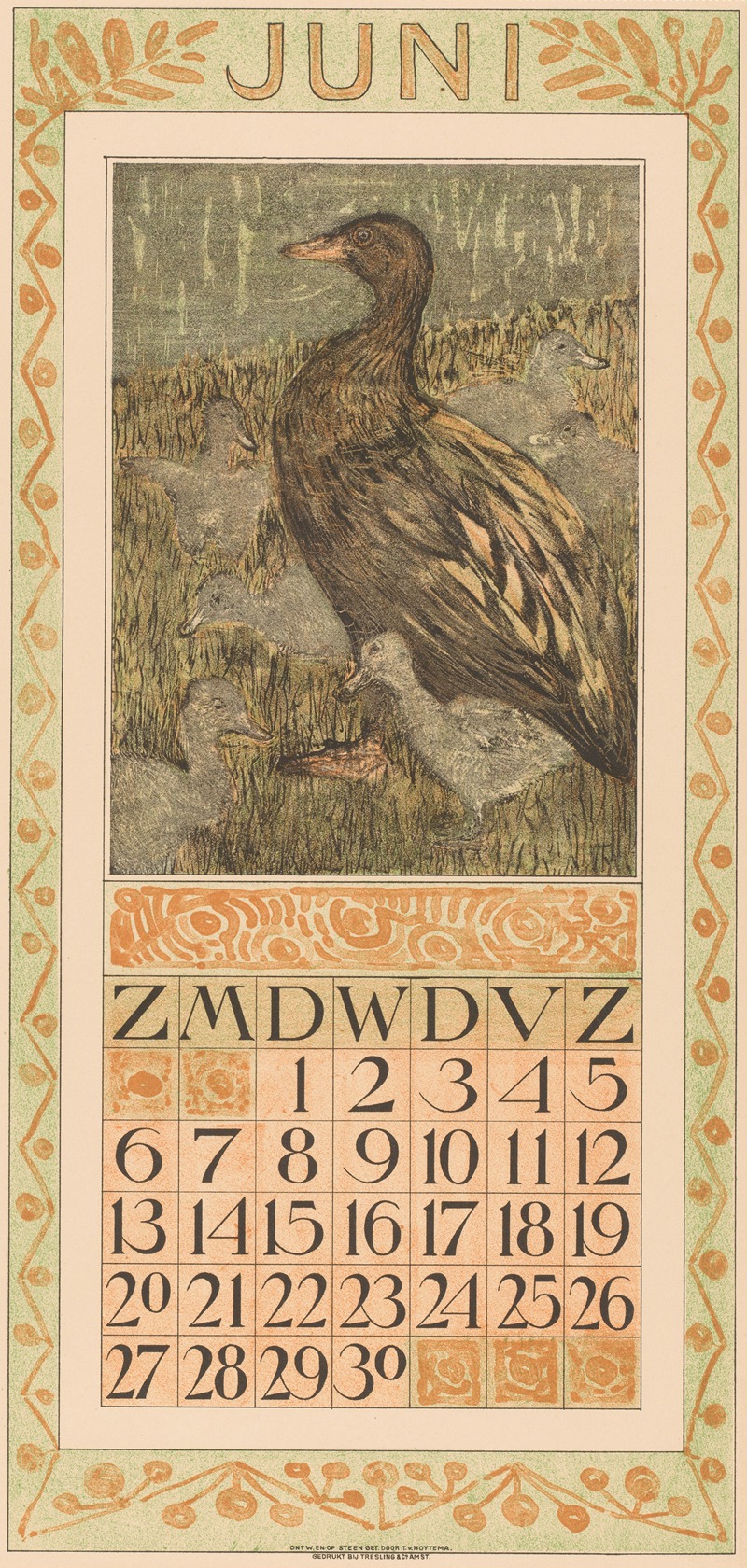 Kalenderblad juni met eend met kuikens by Тео ван Хойтема, 1908 — digital art print download