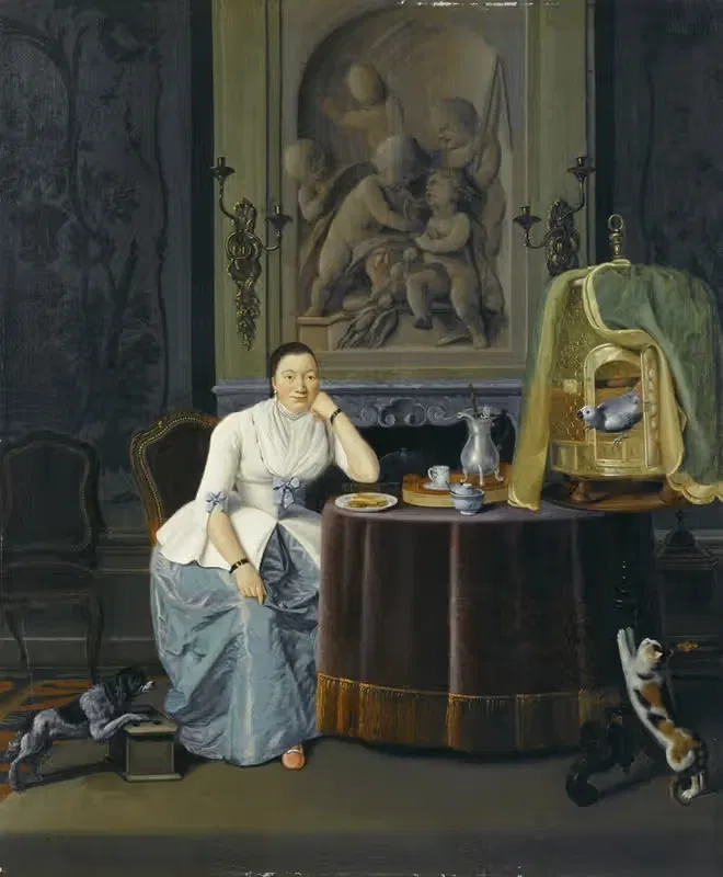 Interior with a lady sitting at a table by Hendrik Pothoven, 1741-1806 — digital art print download
