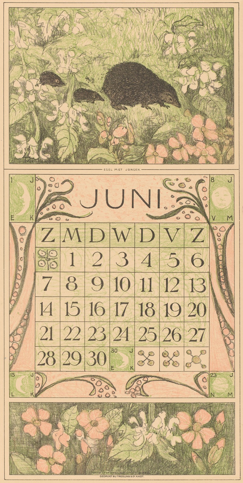 Kalenderblad juni met egels by Тео ван Хойтема, 1913 — digital art print download