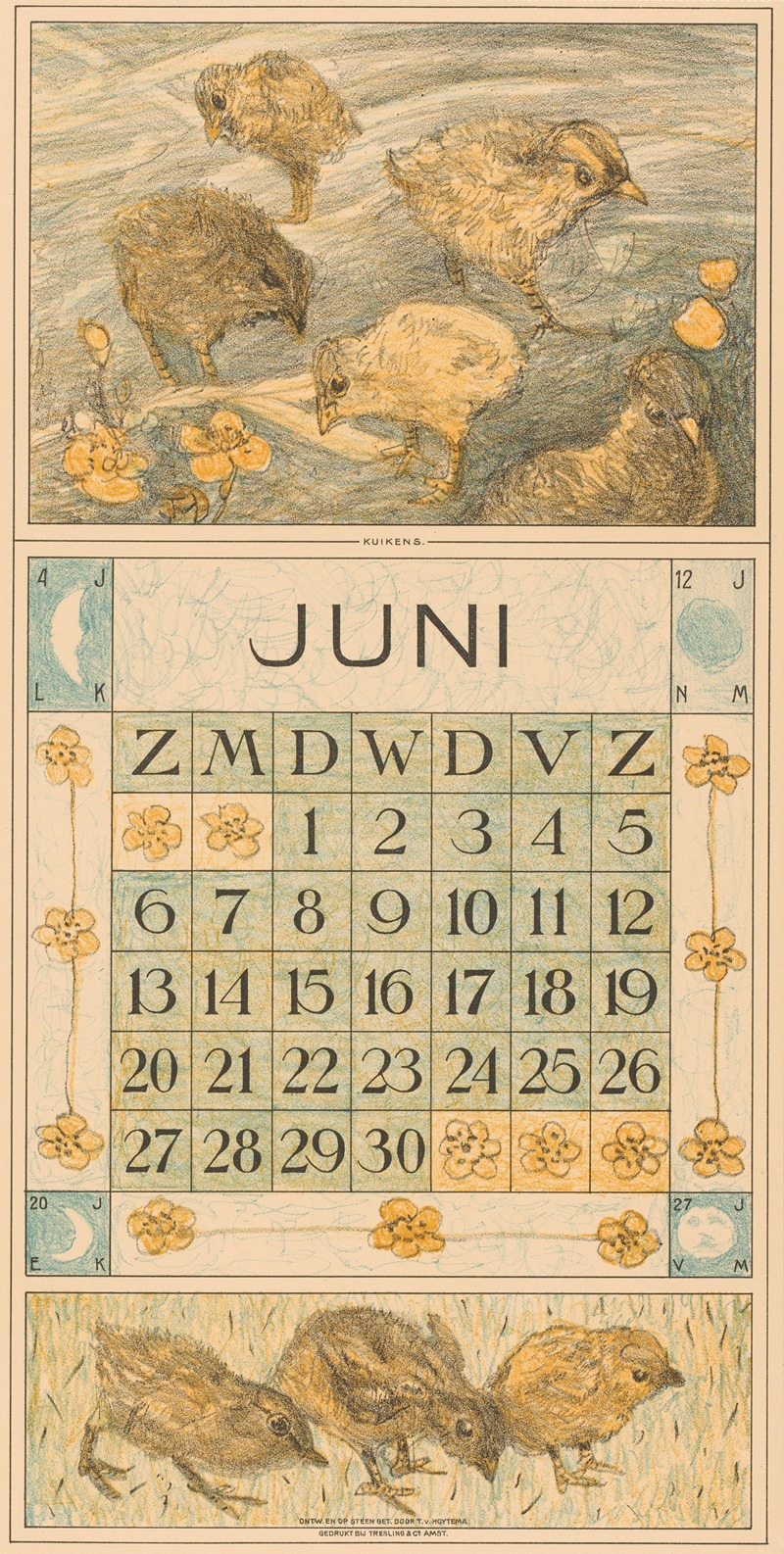Kalenderblad juni met kuikens by Тео ван Хойтема, 1914 — digital art print download