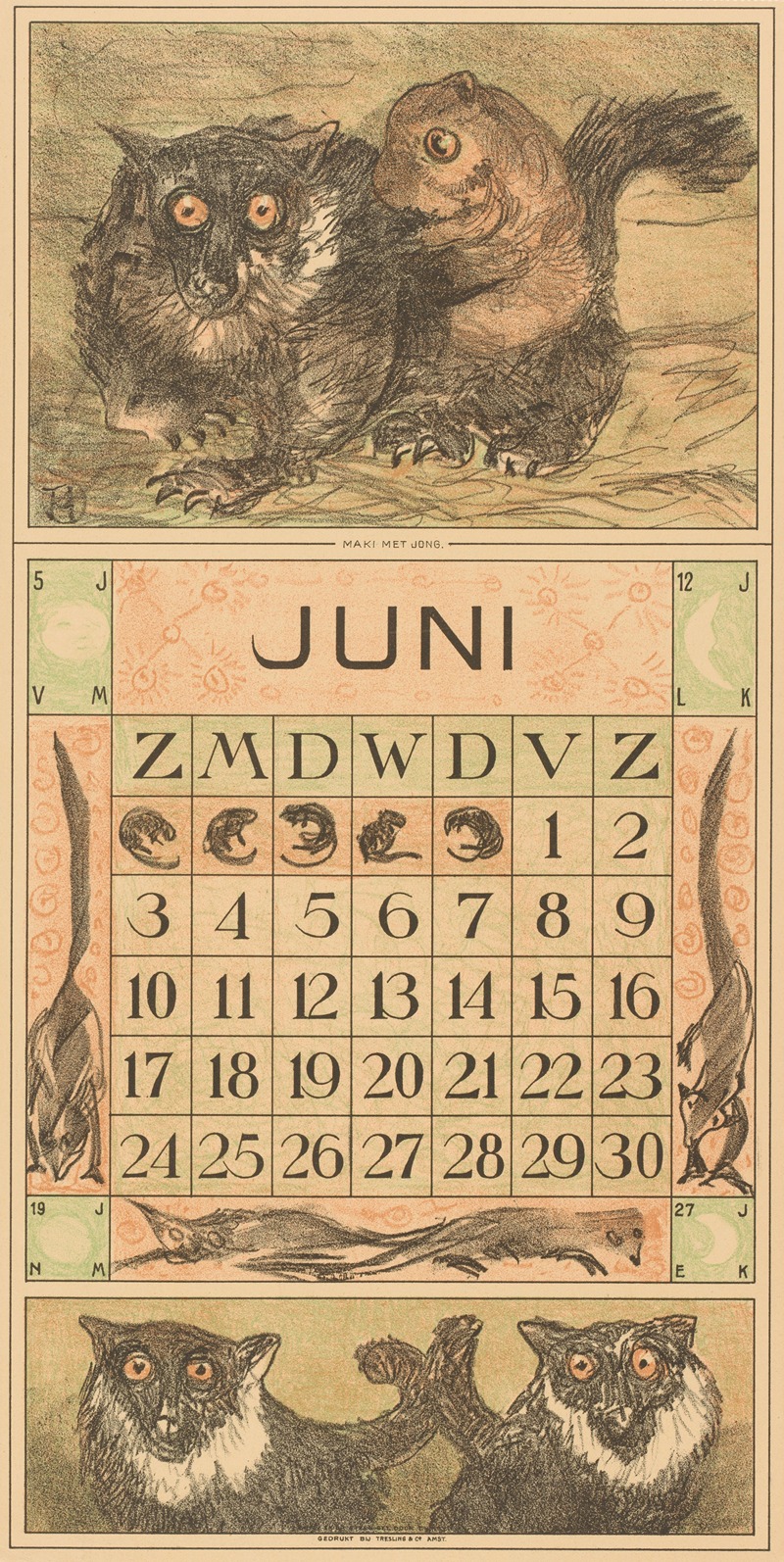 Kalenderblad juni met maki's by Тео ван Хойтема, 1916 — digital art print download