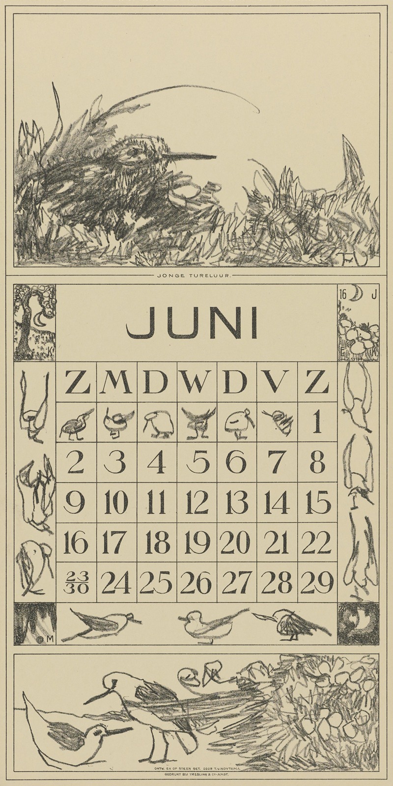 Kalenderblad juni met tureluur in het gras — Theo van Hoytema