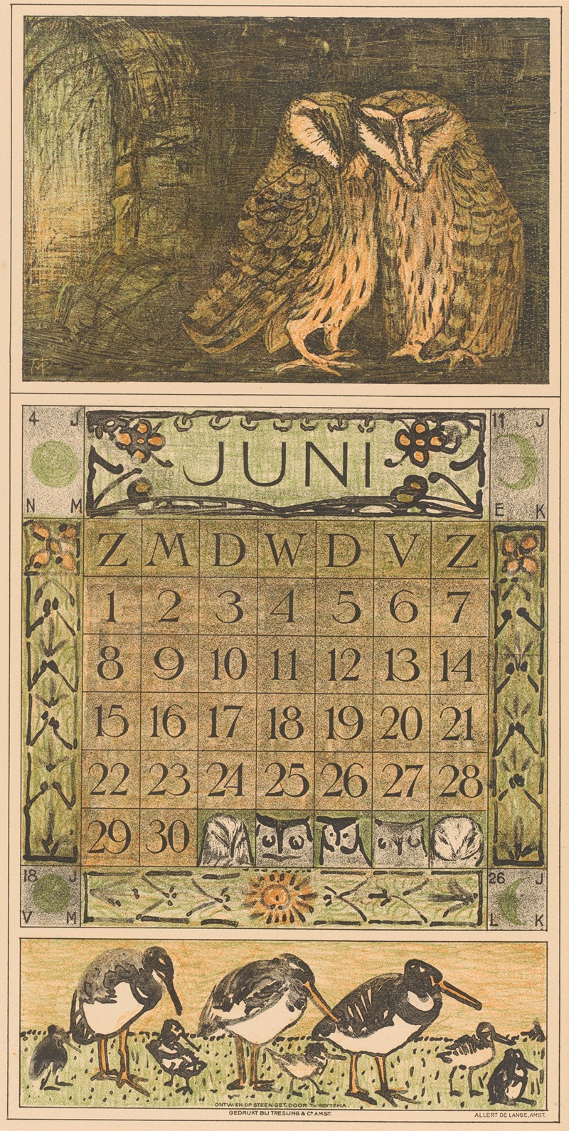 Kalenderblad juni met uilen en scholeksters — Theo van Hoytema