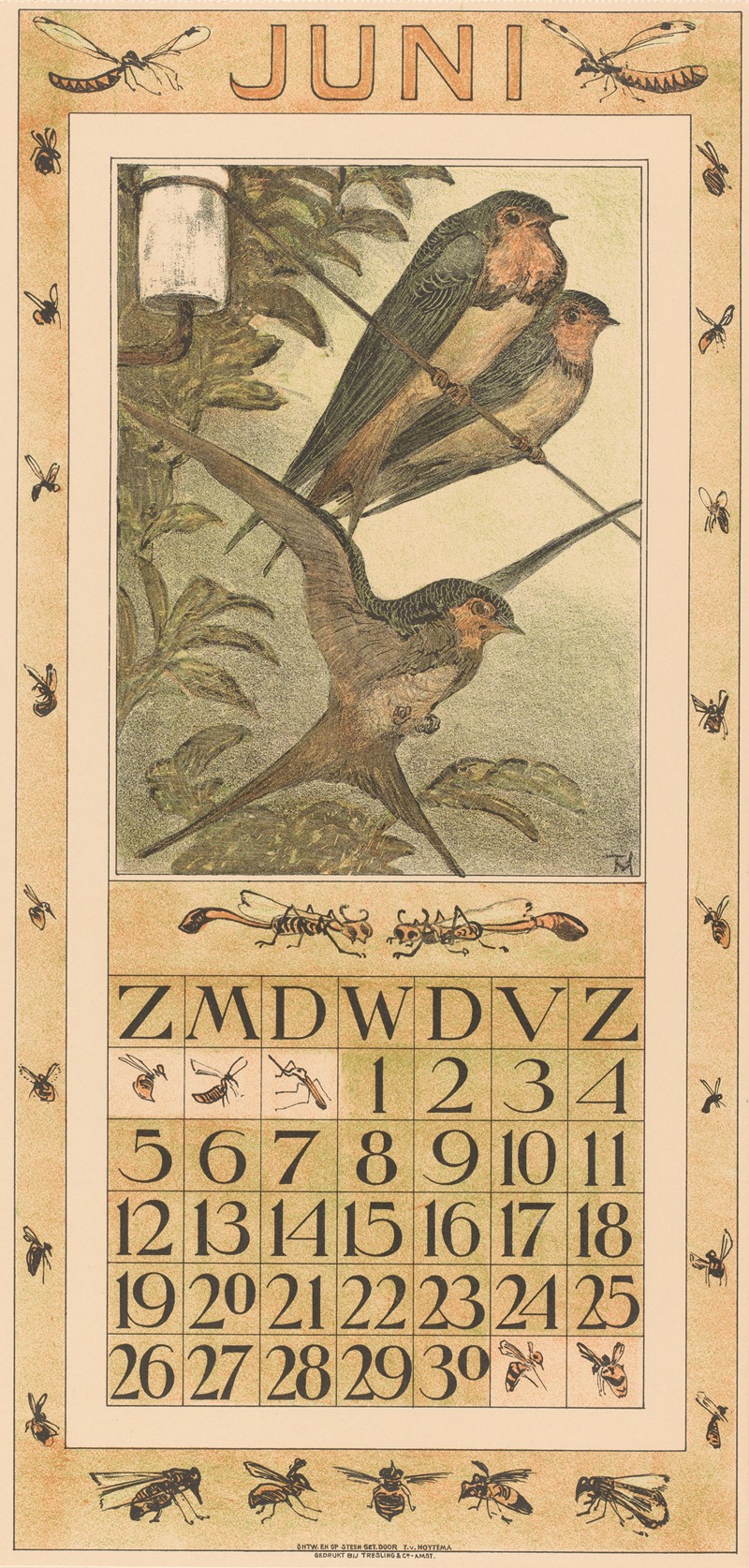 Kalenderblad juni met zwaluwen by Тео ван Хойтема, 1909 — digital art print download