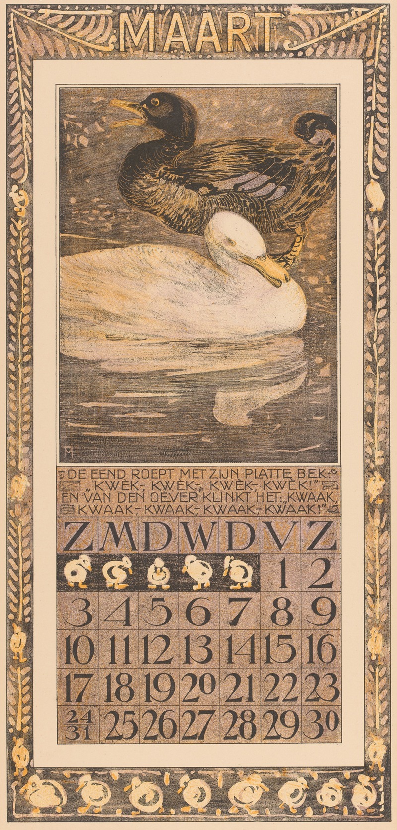 Kalenderblad maart met eenden by Тео ван Хойтема, 1906 — digital art print download
