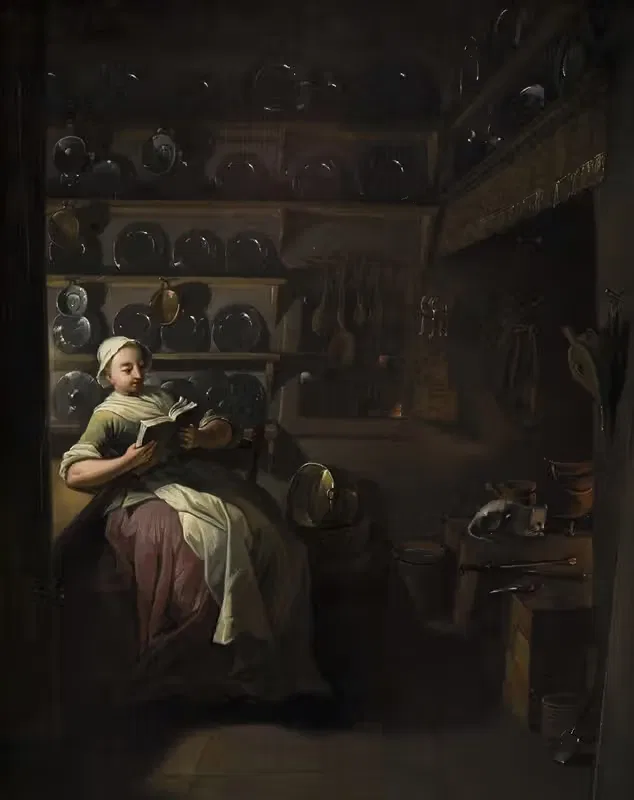 Интерьер кухни с девочкой, читающей by Йенс Юэль, 1764 — digital art print download