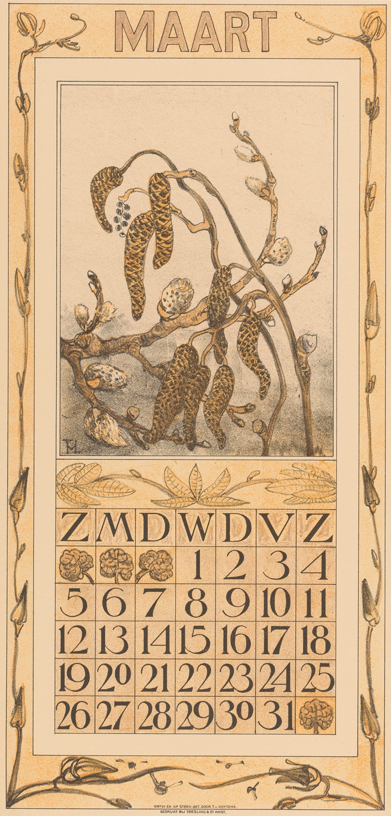 Kalenderblad maart met elzenkatjes — Theo van Hoytema