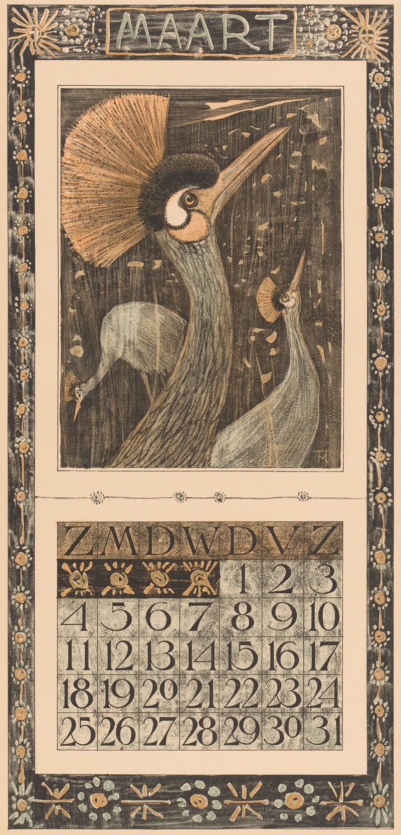 Kalenderblad maart met kroonkranen — Theo van Hoytema
