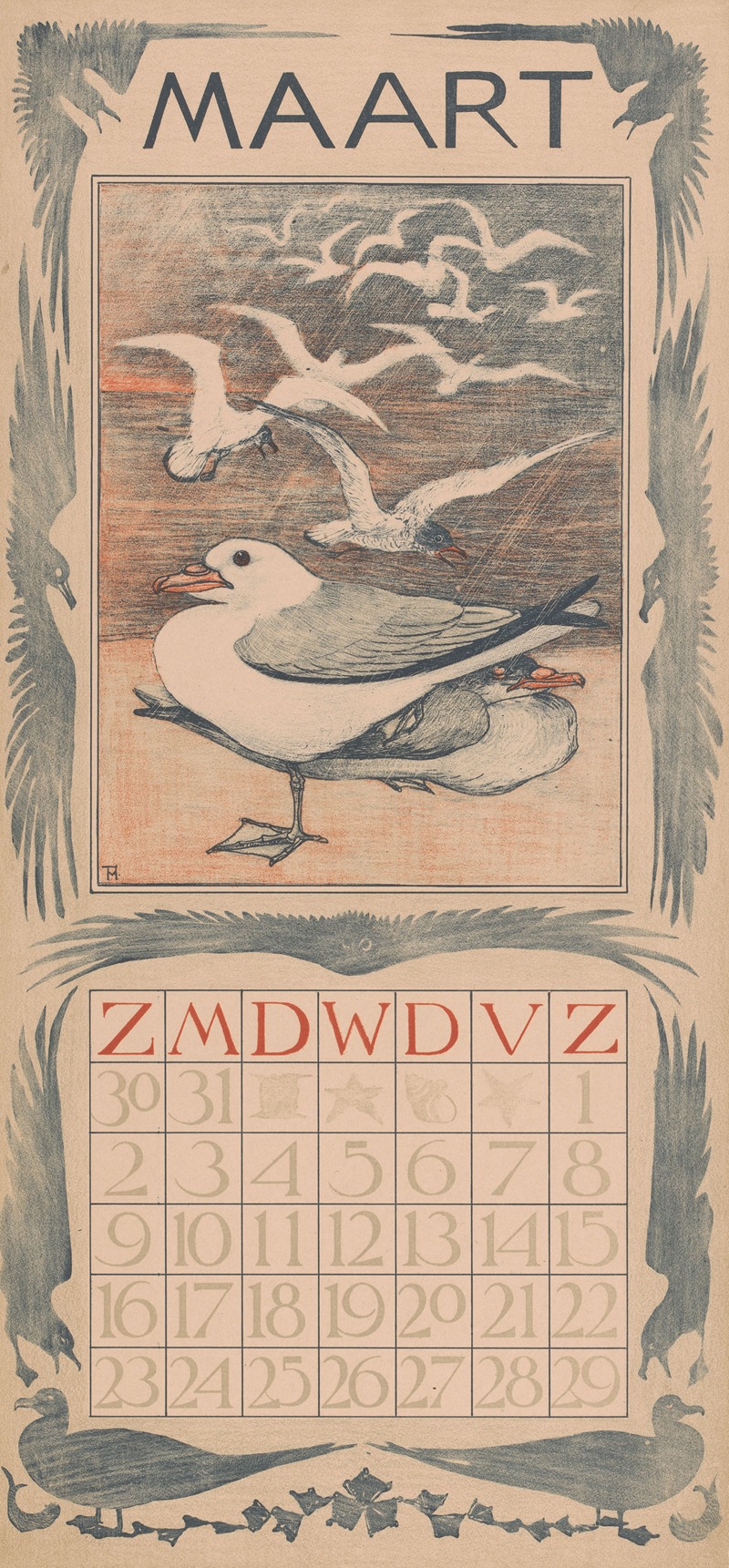 Kalenderblad maart met meeuwen — Theo van Hoytema