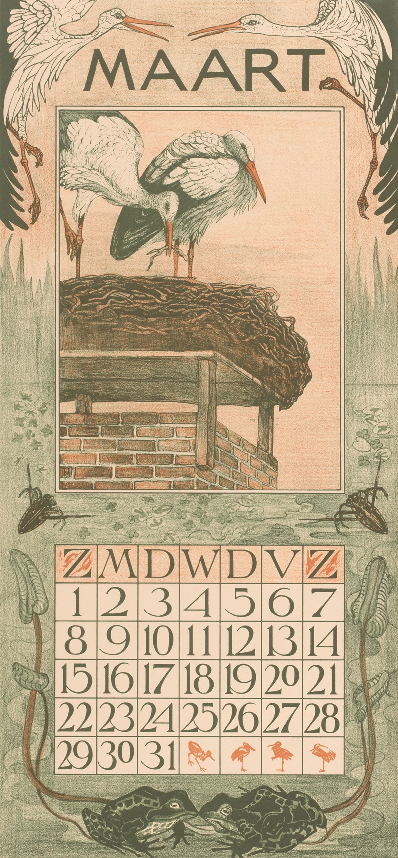 Kalenderblad maart met ooievaars — Theo van Hoytema
