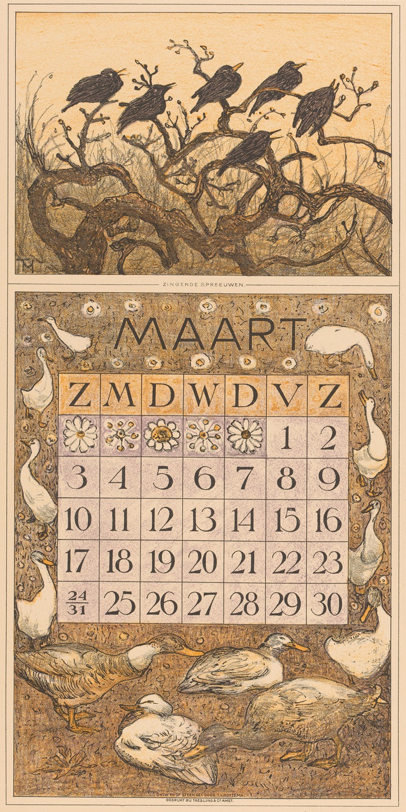 Kalenderblad maart met spreeuwen en eenden — Theo van Hoytema