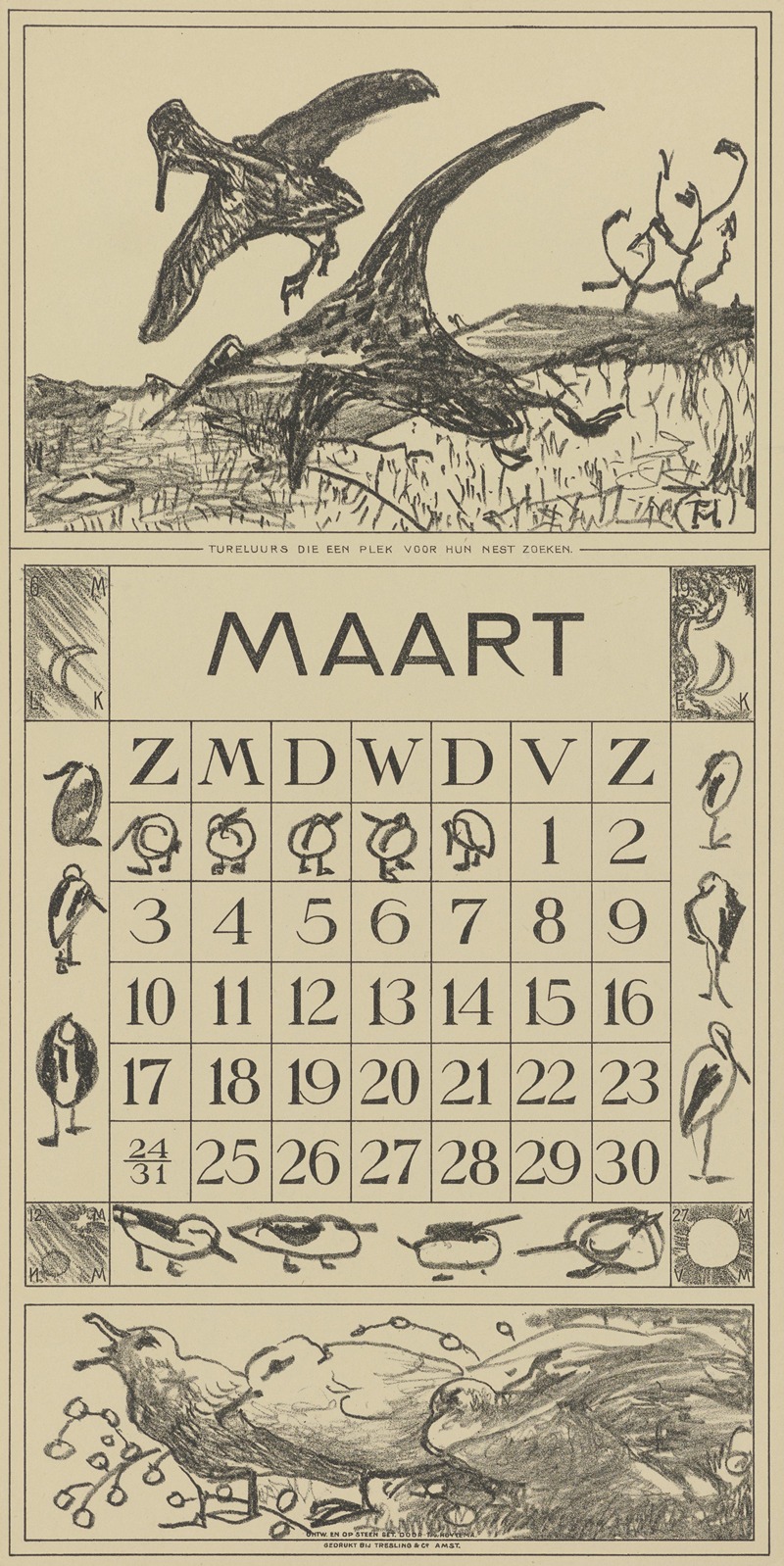 Kalenderblad maart met tureluurs — Theo van Hoytema