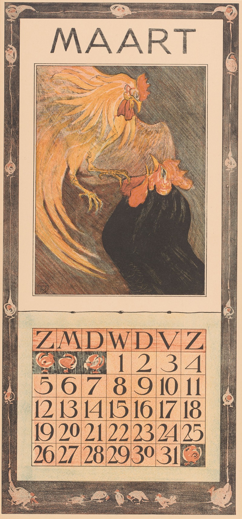 Kalenderblad maart met twee hanen — Theo van Hoytema