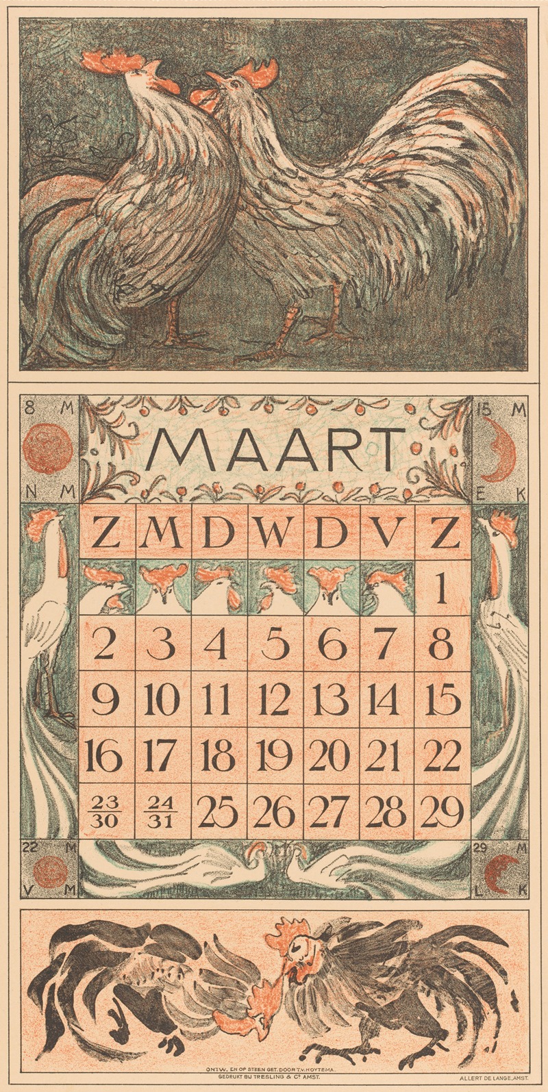 Kalenderblad maart met twee hanen — Theo van Hoytema
