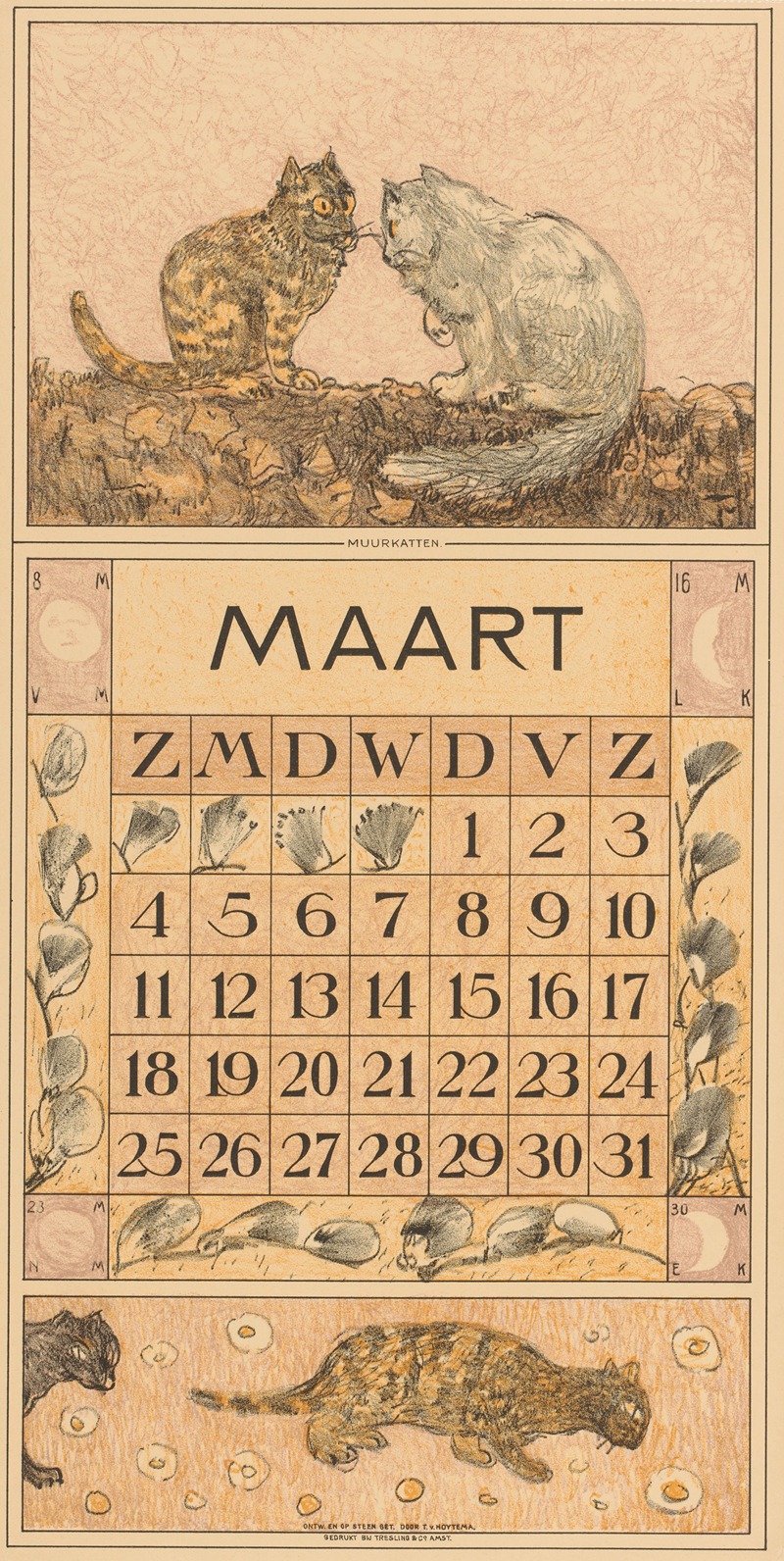 Kalenderblad maart met twee katten — Theo van Hoytema
