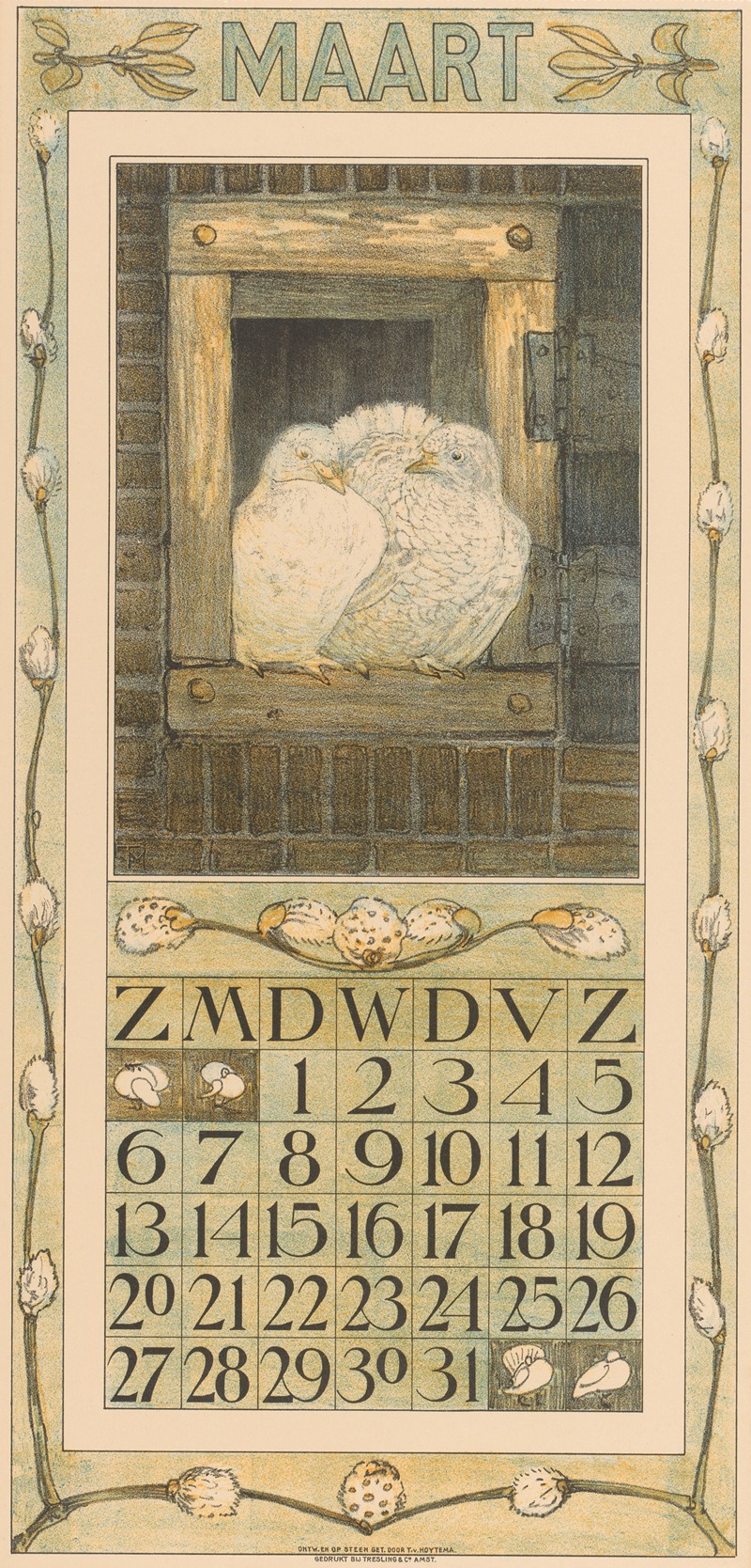 Kalenderblad maart met twee witte duiven — Theo van Hoytema