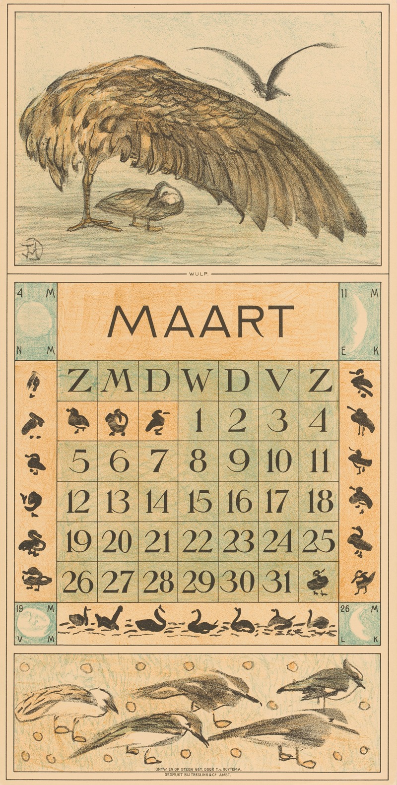 Kalenderblad maart met wulp by Тео ван Хойтема, 1915 — digital art print download