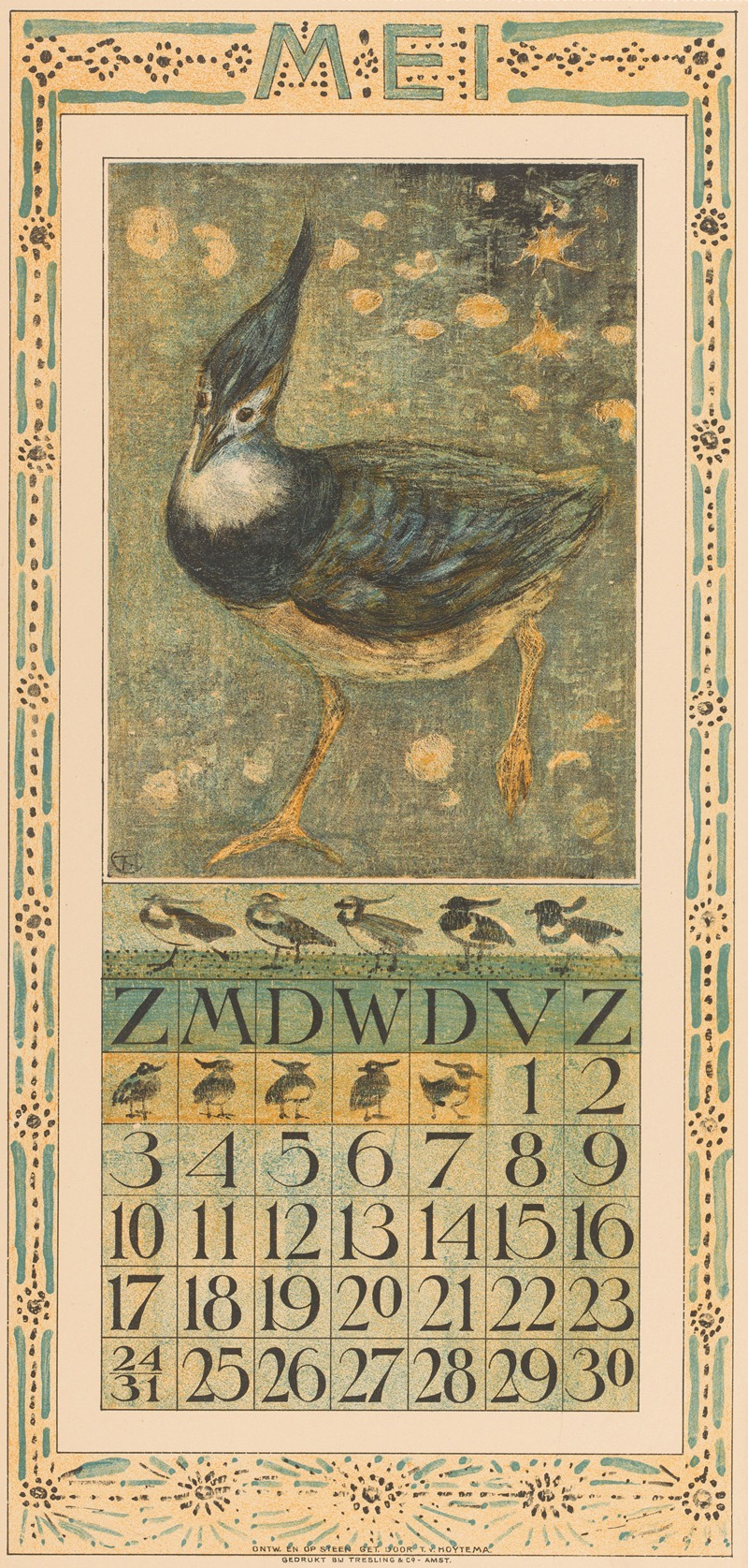 Kalenderblad mei met kievit by Тео ван Хойтема, 1907 — digital art print download
