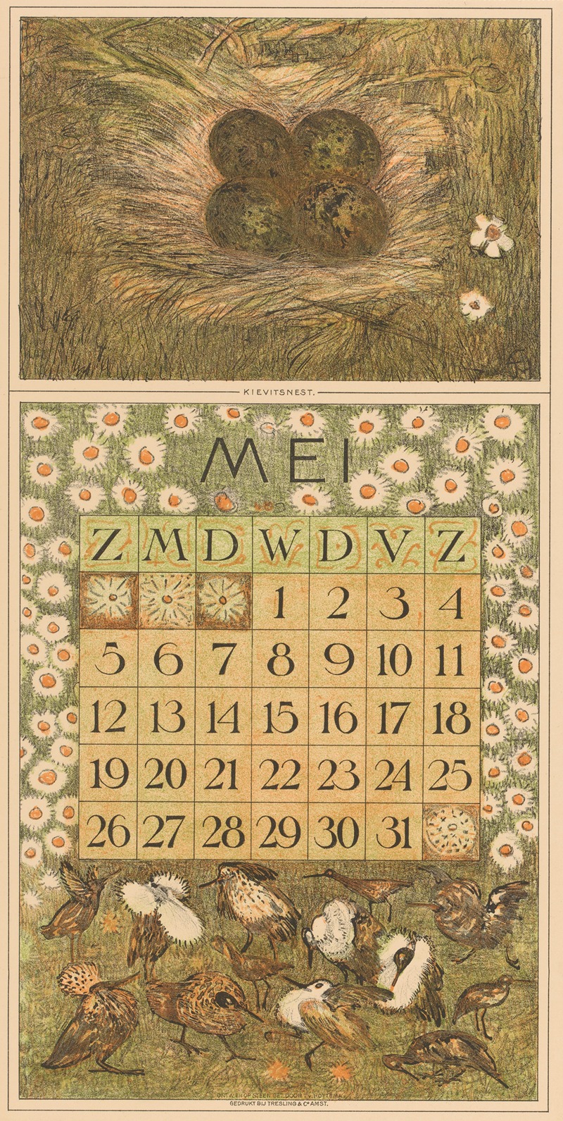 Kalenderblad mei met kievitsnest — Theo van Hoytema