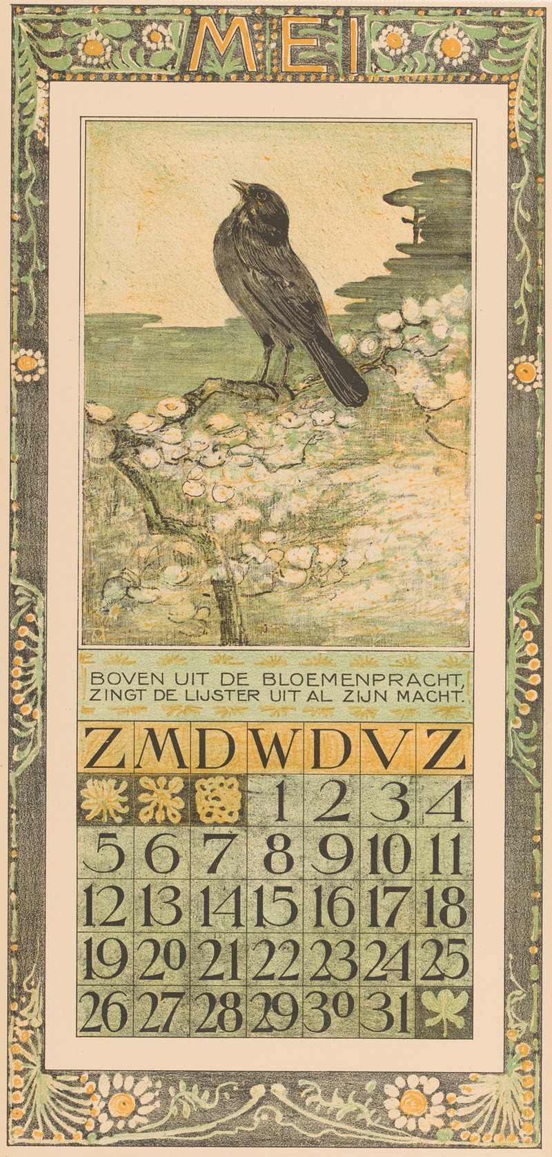 Kalenderblad mei met merel by Тео ван Хойтема, 1906 — digital art print download