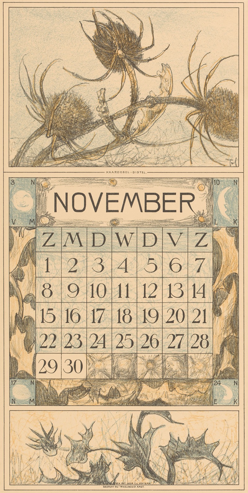 Kalenderblad november met distel by Тео ван Хойтема, 1913 — digital art print download