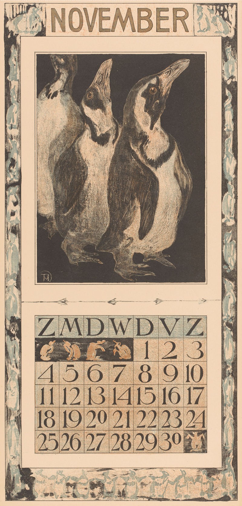 Kalenderblad november met drie pinguïns by Тео ван Хойтема, 1905 — digital art print download