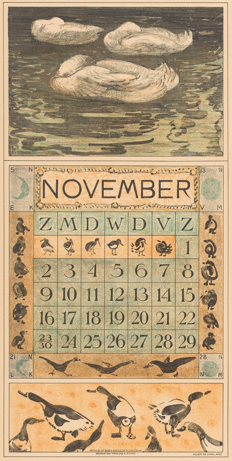 Kalenderblad november met drie slapende eenden by Тео ван Хойтема, 1912 — digital art print download
