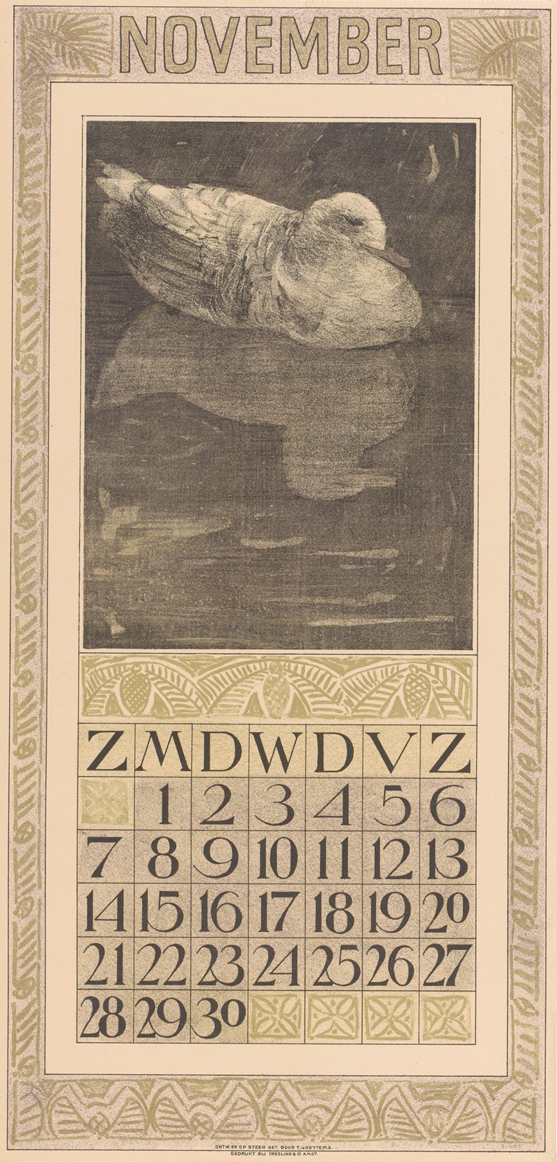 Kalenderblad november met drijvende eend by Тео ван Хойтема, 1908 — digital art print download