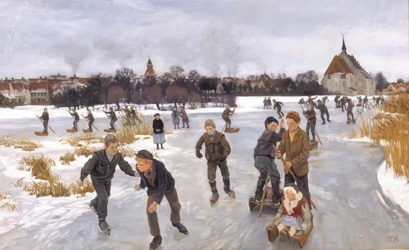 Дети катаются на коньках у Фоборга by Петер Хансен, 1901 — digital art print download