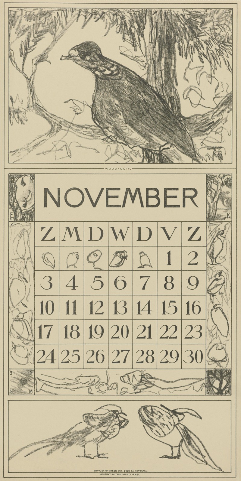 Kalenderblad november met houtduif — Theo van Hoytema