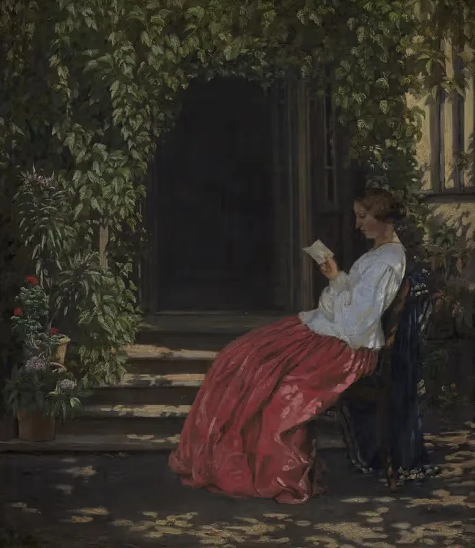 Læsende dame uden for en havedør — Vilhelm Kyhn
