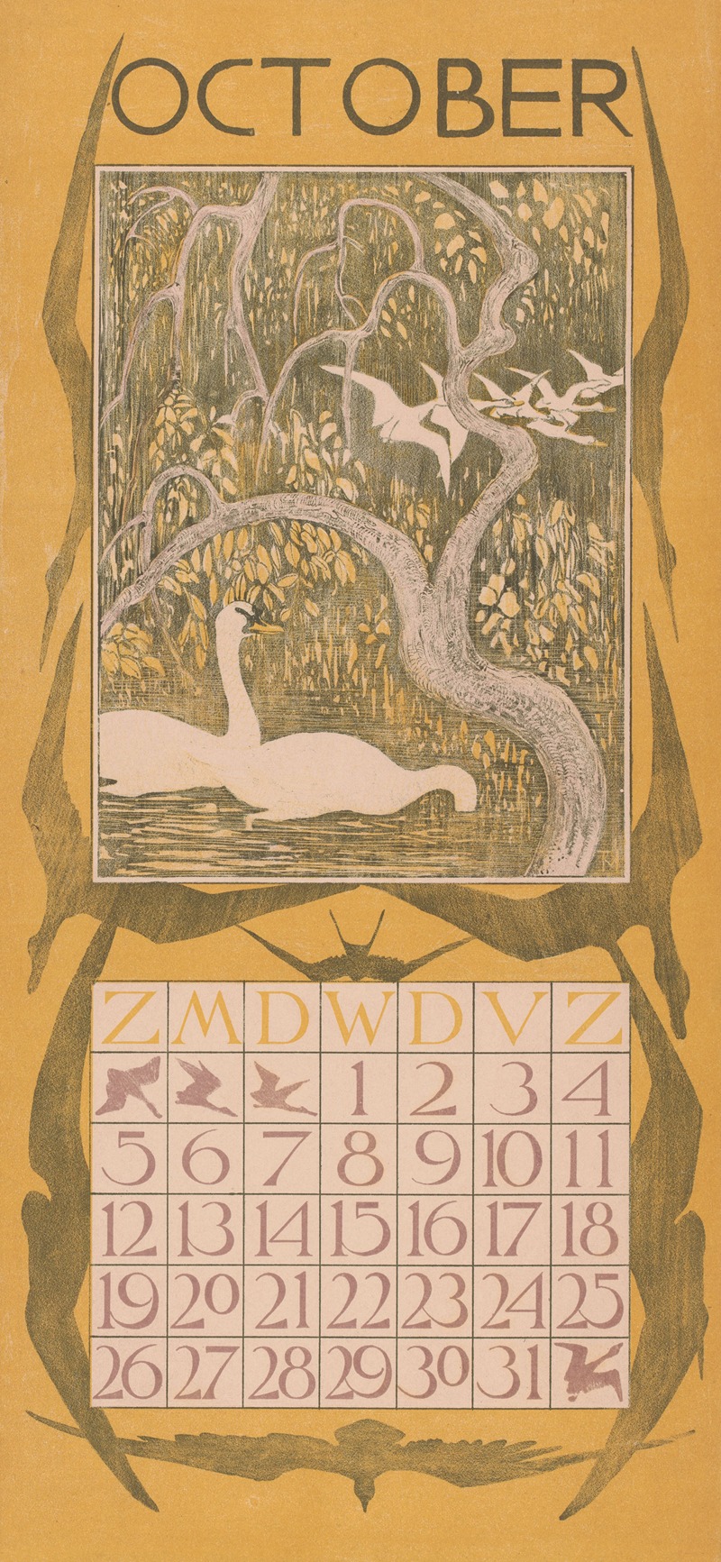 Kalenderblad oktober met zwanen — Theo van Hoytema