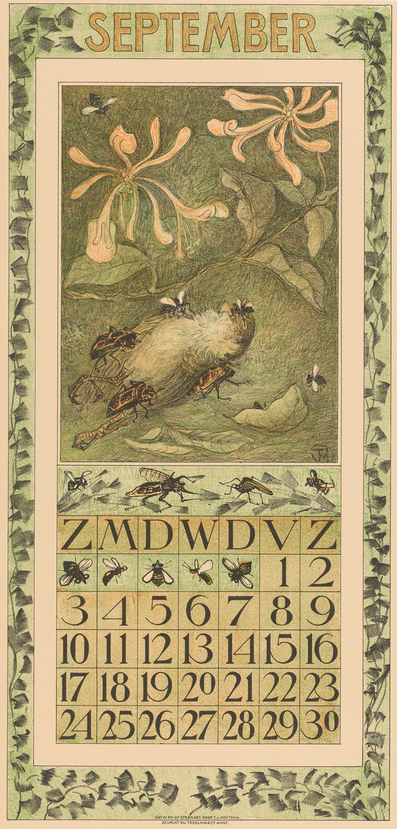 Kalenderblad september met dode mus en kevers — Theo van Hoytema