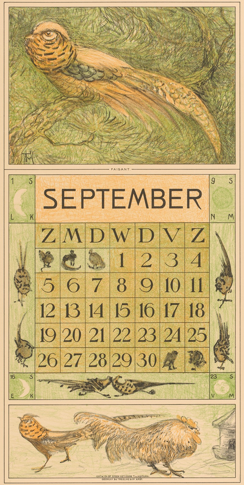 Kalenderblad september met goudfazant by Тео ван Хойтема, 1914 — digital art print download
