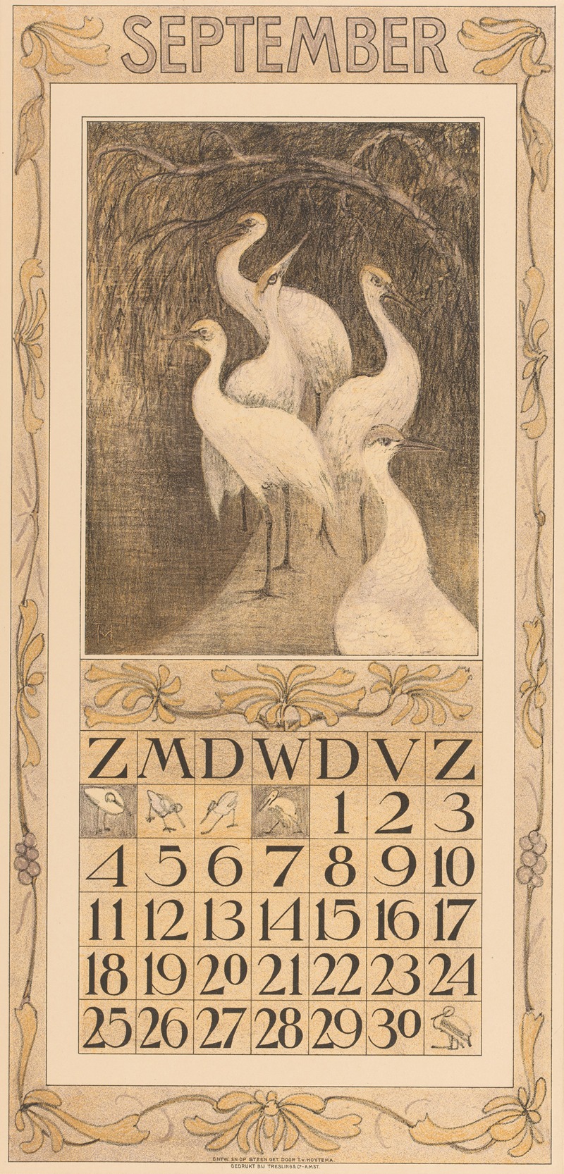 Kalenderblad september met kraanvogels — Theo van Hoytema