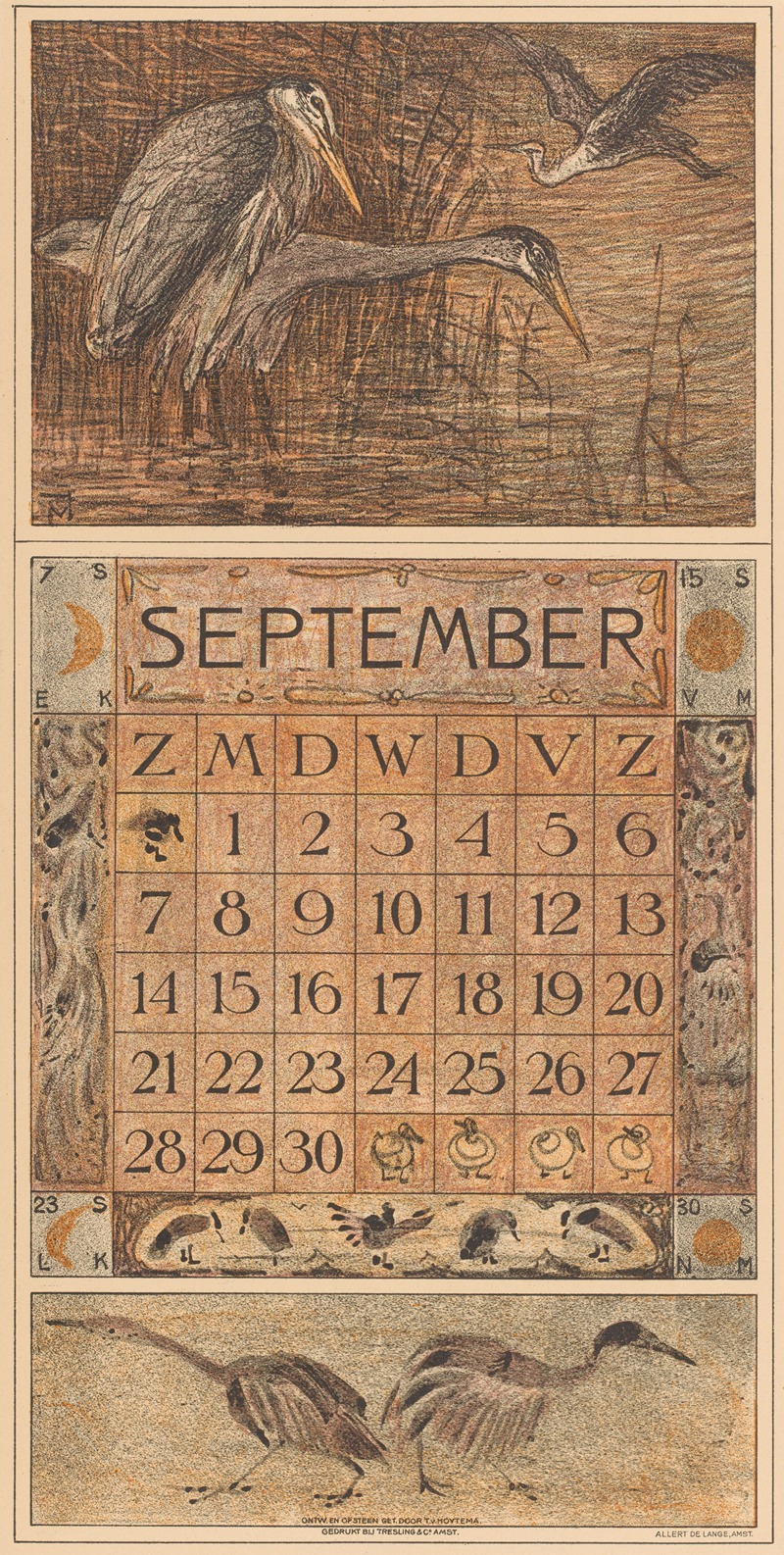 Kalenderblad september met reigers by Тео ван Хойтема, 1912 — digital art print download